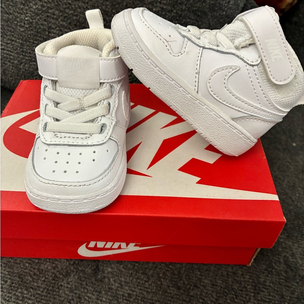 Nike Kids White High-Top Sneakers with Hook-and-Loop Strap and Laces